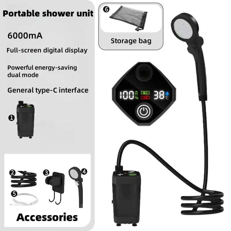 Portable outdoor electric shower unit camping shower kit Long battery life Suitable for construction, camping and household use