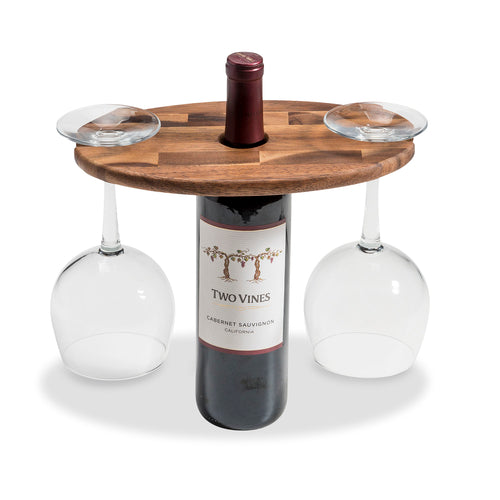 Suporte para Garrafa de Vinho com Taças em Madeira - Acácia